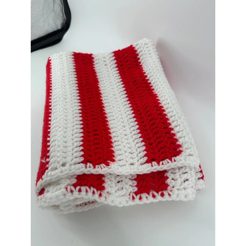 Handmade Crochet Afghan Blanket Red White Christmas Candy Cane Striped 24x40